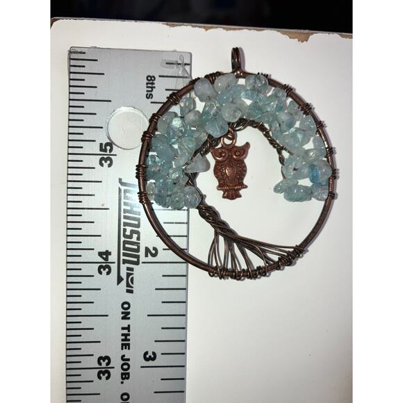 Natural Fluorite Chips Tree of Life Chakra Copper Owl 2 1/8" Pendant! - Picture 5 of 5